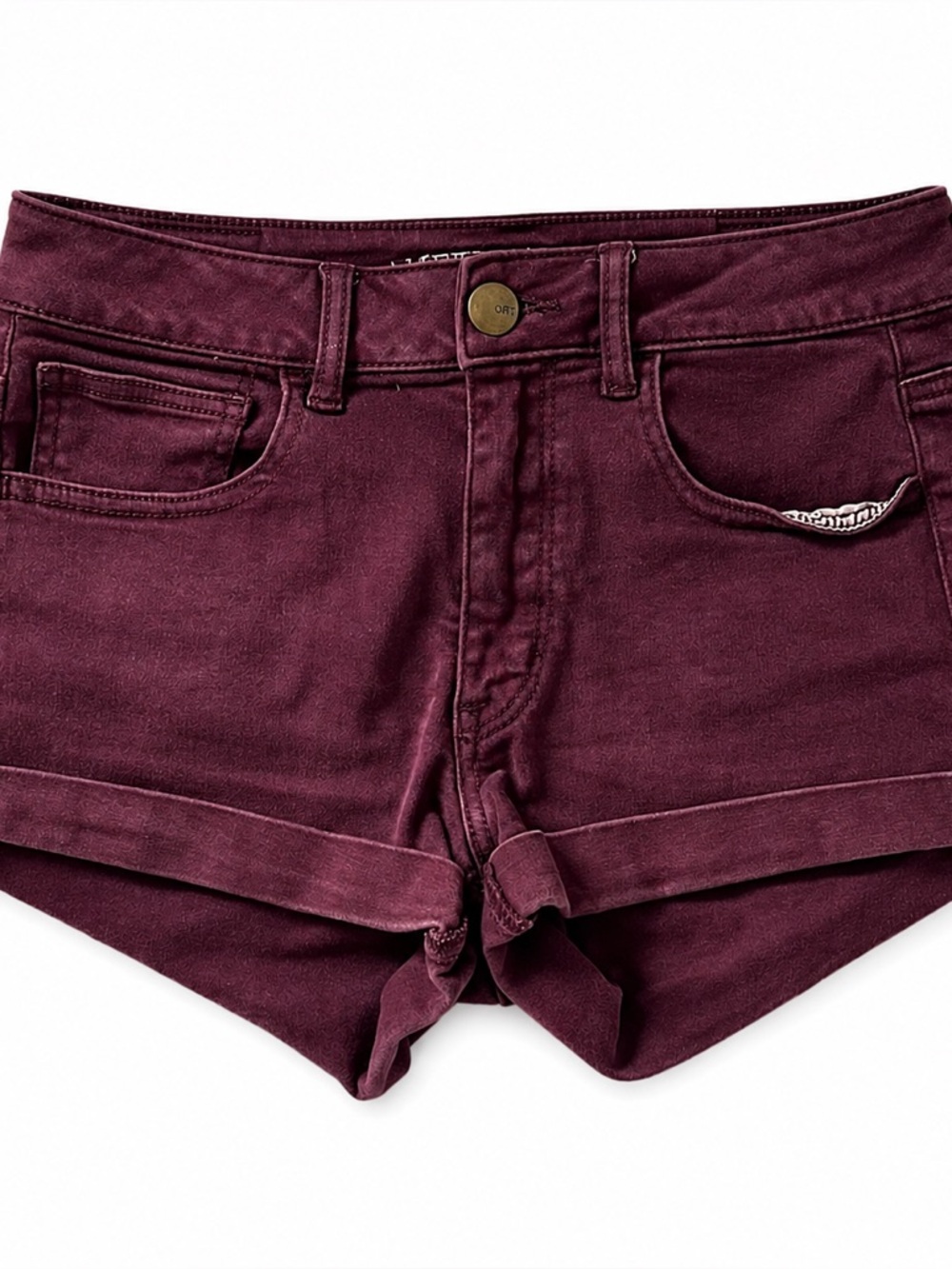 American Eagle Maroon Rolled Cuff Denim Shorts | Mid Rise Stretch